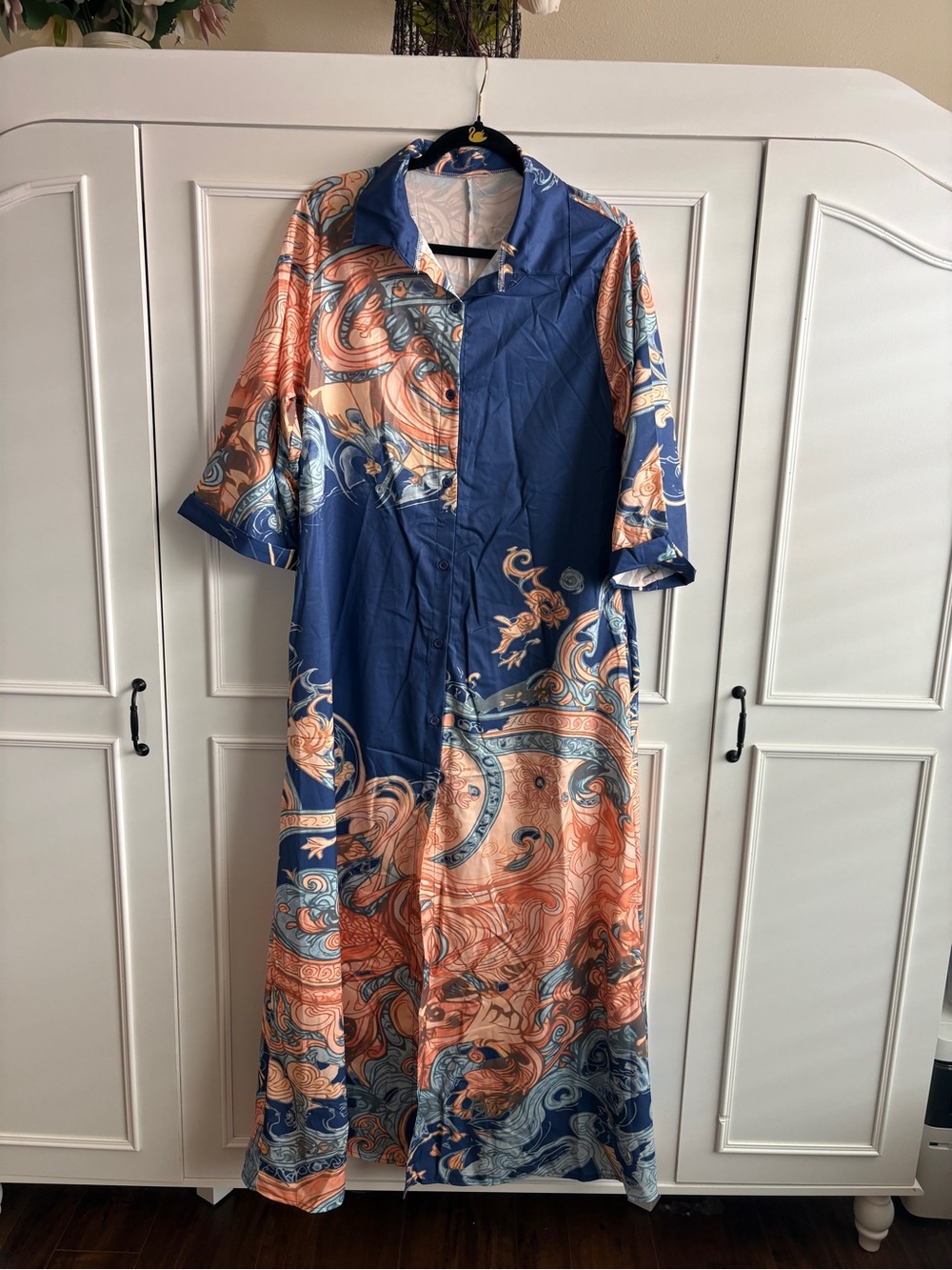 Blue & Orange Printed Button-Front Maxi Dress